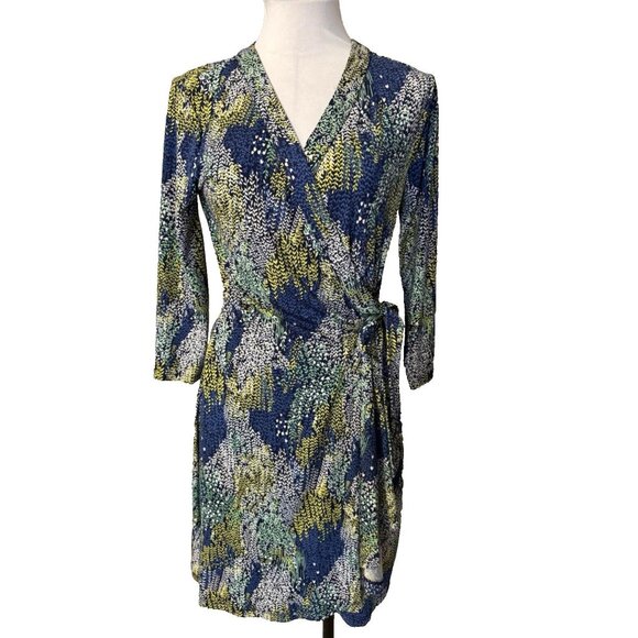 BCBGMaxAzria Wrap Dress Medium M Blue Stretch 3/4 Long Sleeve Washable - Picture 1 of 11